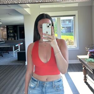 Red-Orange Plunge V-Neck Rib Tank